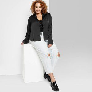 Women's Plus Size Bell Long Sleeve Satin Fly Away Top Wild Fable Black 1X